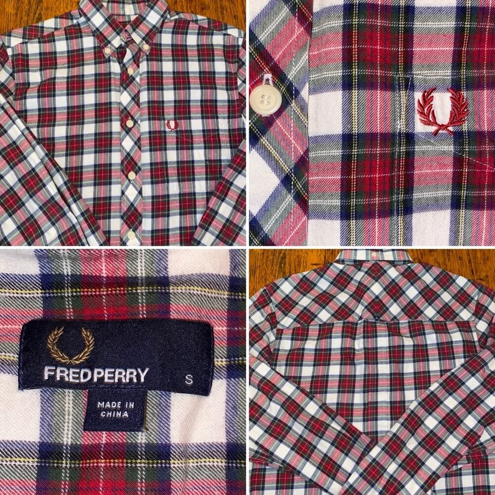 Fred Perry $275 Red & White Plaid Flannel Button Down Shirt sz Small EUC